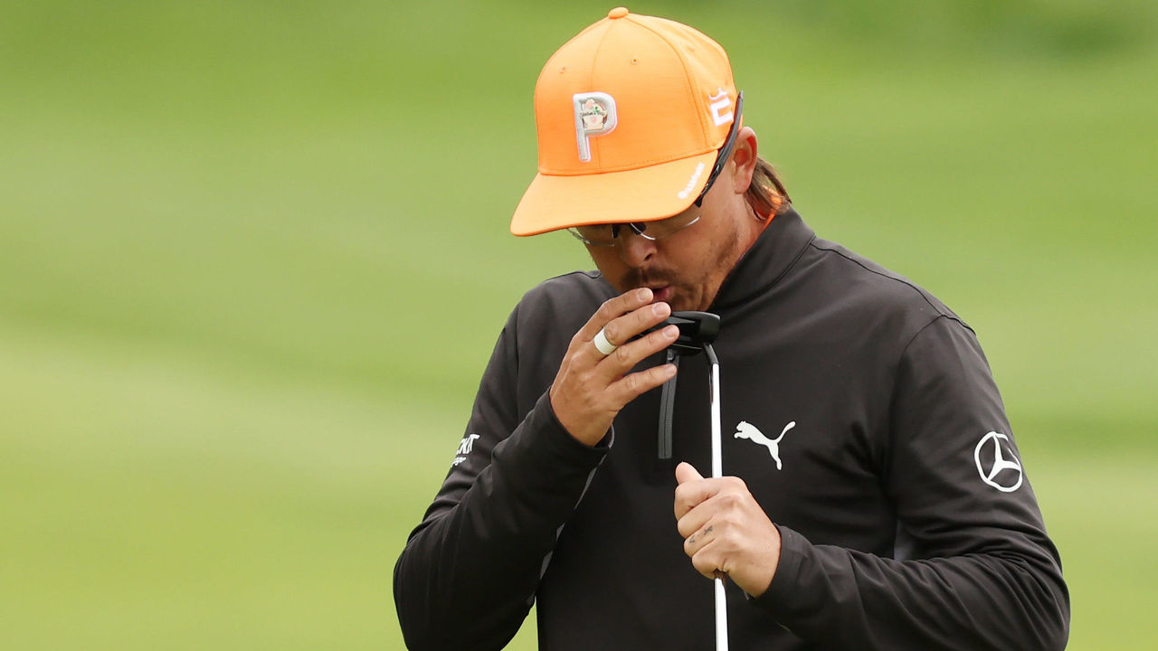 POTOMAC, MARYLAND - MAY 08: Rickie Fowler of the United States reacts on the seventh green during the final round of the Wells Fargo Championship at TPC Potomac at Avenel Farm on May 08, 2022 in Potomac, Maryland.