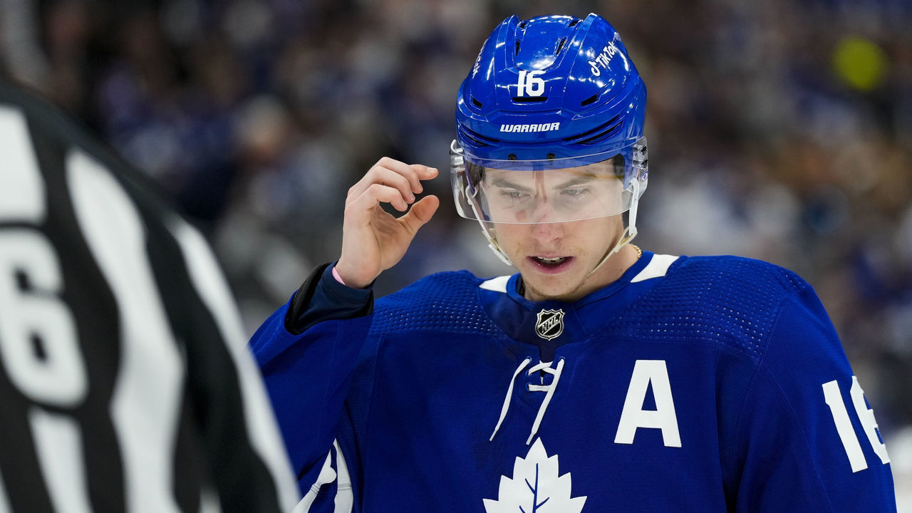 TORONTO, ON - MAY 10: Mitchell Marner #16 of the Toronto Maple Leafs looks on against the Tampa Bay Lightning during the third period in Game Five of the First Round of the 2022 Stanley Cup Playoffs at the Scotiabank Arena on May 10, 2022 in Toronto, Ontario, Canada.