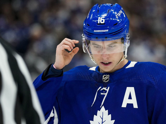 TORONTO, ON - MAY 10: Mitchell Marner #16 of the Toronto Maple Leafs looks on against the Tampa Bay Lightning during the third period in Game Five of the First Round of the 2022 Stanley Cup Playoffs at the Scotiabank Arena on May 10, 2022 in Toronto, Ontario, Canada.