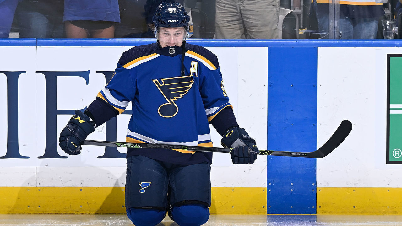 ST. LOUIS, MO - MAY 12: Vladimir Tarasenko #91 of the St. Louis Blues during warmups against the Minnesota Wild in Game Six of the First Round of the 2022 Stanley Cup Playoffs at the Enterprise Center on May 12, 2022 in St. Louis, Missouri.