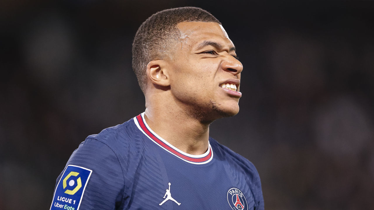 PARIS, FRANCE - APRIL 23: Kylian Mbappe of Paris Saint Germain reacts during the Ligue 1 Uber Eats match between Paris Saint Germain and RC Lens at Parc des Princes on April 23, 2022 in Paris, France.