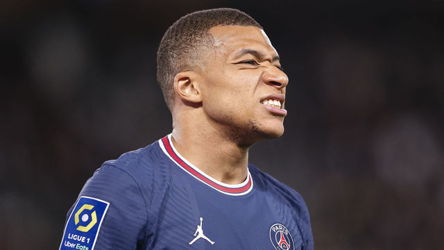 PARIS, FRANCE - APRIL 23: Kylian Mbappe of Paris Saint Germain reacts during the Ligue 1 Uber Eats match between Paris Saint Germain and RC Lens at Parc des Princes on April 23, 2022 in Paris, France.