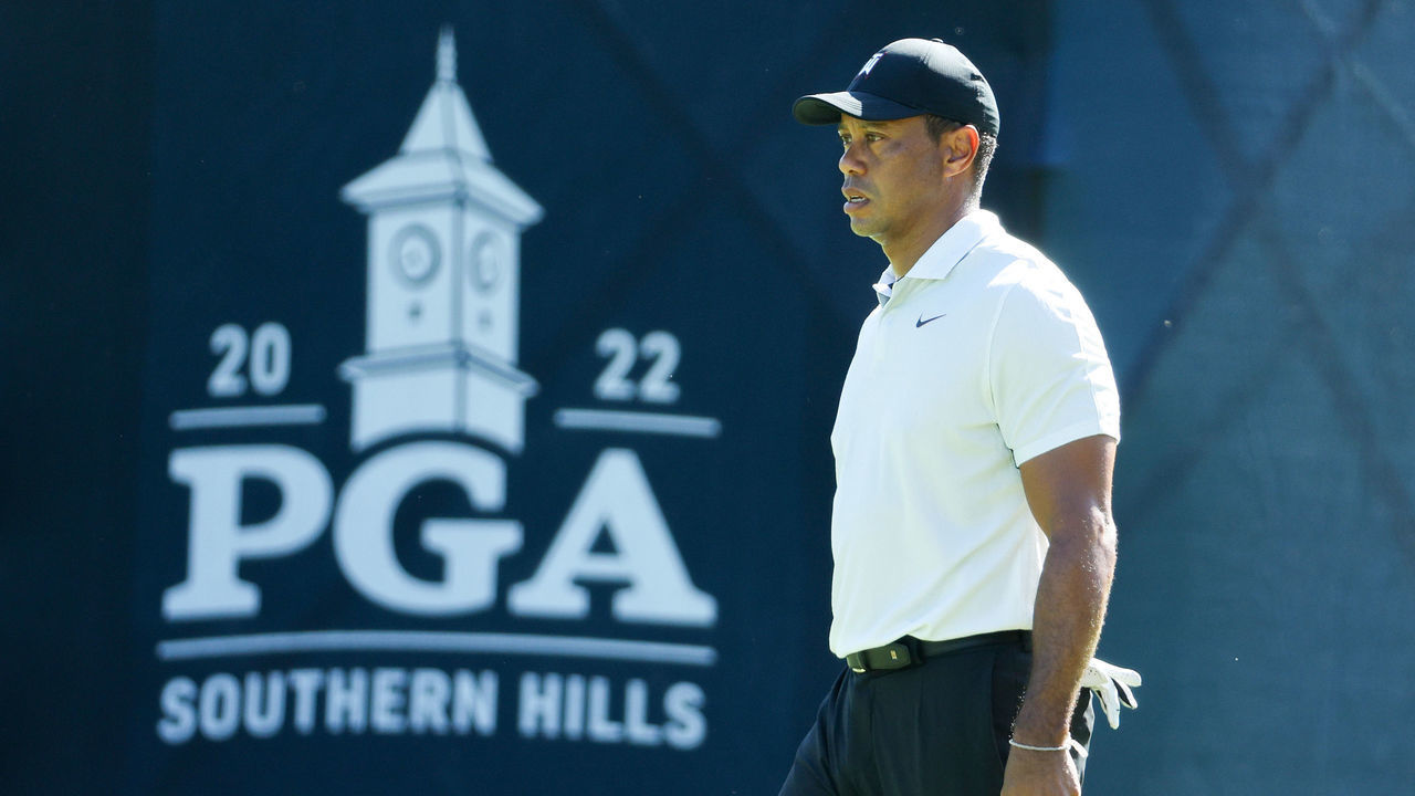 TULSA, OKLAHOMA - MAY 16: Tiger Woods of the United States looks on from the 14th green during a practice round prior to the start of the 2022 PGA Championship at Southern Hills Country Club on May 16, 2022 in Tulsa, Oklahoma.