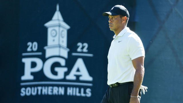 TULSA, OKLAHOMA - MAY 16: Tiger Woods of the United States looks on from the 14th green during a practice round prior to the start of the 2022 PGA Championship at Southern Hills Country Club on May 16, 2022 in Tulsa, Oklahoma.