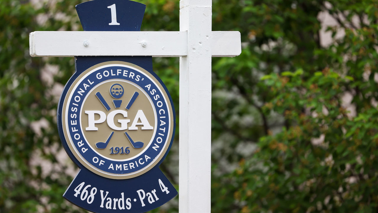 TULSA, OKLAHOMA - MAY 17: A detailed view of the tee sign is seen on the first hole during a practice round prior to the start of the 2022 PGA Championship at Southern Hills Country Club on May 17, 2022 in Tulsa, Oklahoma.