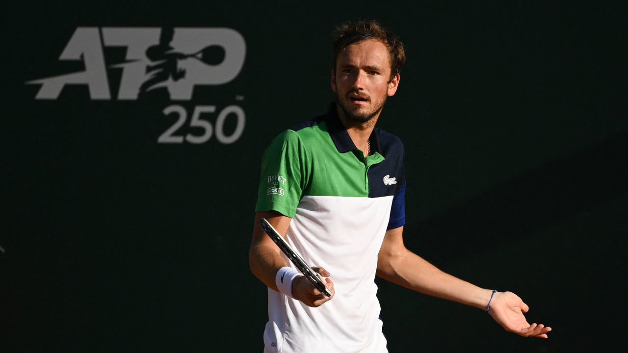 Russia's Daniil Medvedev reacts after losing a point against France's Richard Gasquet during their ATP 250 Geneva Open tennis match in Geneva on May 17, 2022.