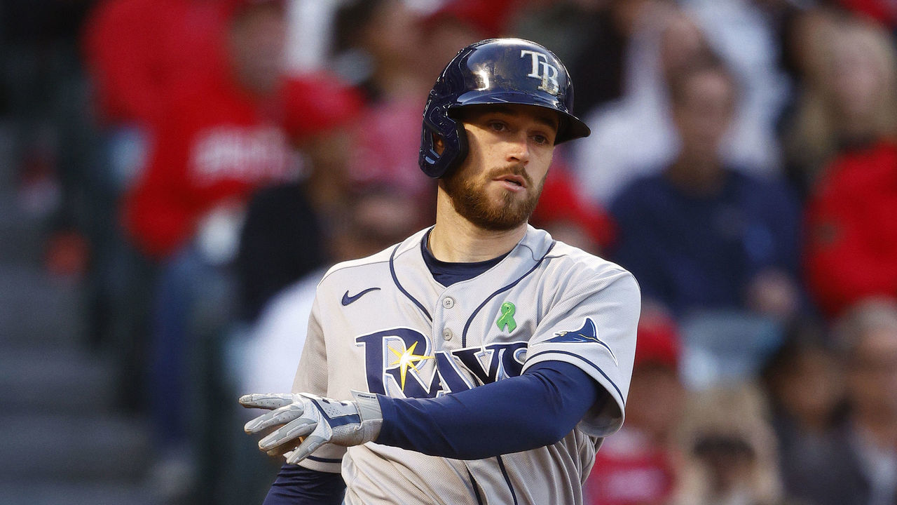 ANAHEIM, CALIFORNIA - MAY 09: Brandon Lowe #8 of the Tampa Bay Rays at Angel Stadium of Anaheim on May 09, 2022 in Anaheim, California.