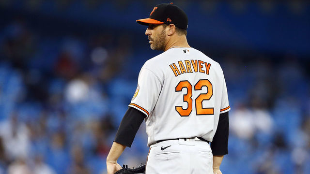 TORONTO, ON - SEPTEMBER 01: Matt Harvey #32 of the Baltimore Orioles delivers a pitch during a MLB game against the Toronto Blue Jays at Rogers Centre on September 1, 2021 in Toronto, Ontario, Canada.
