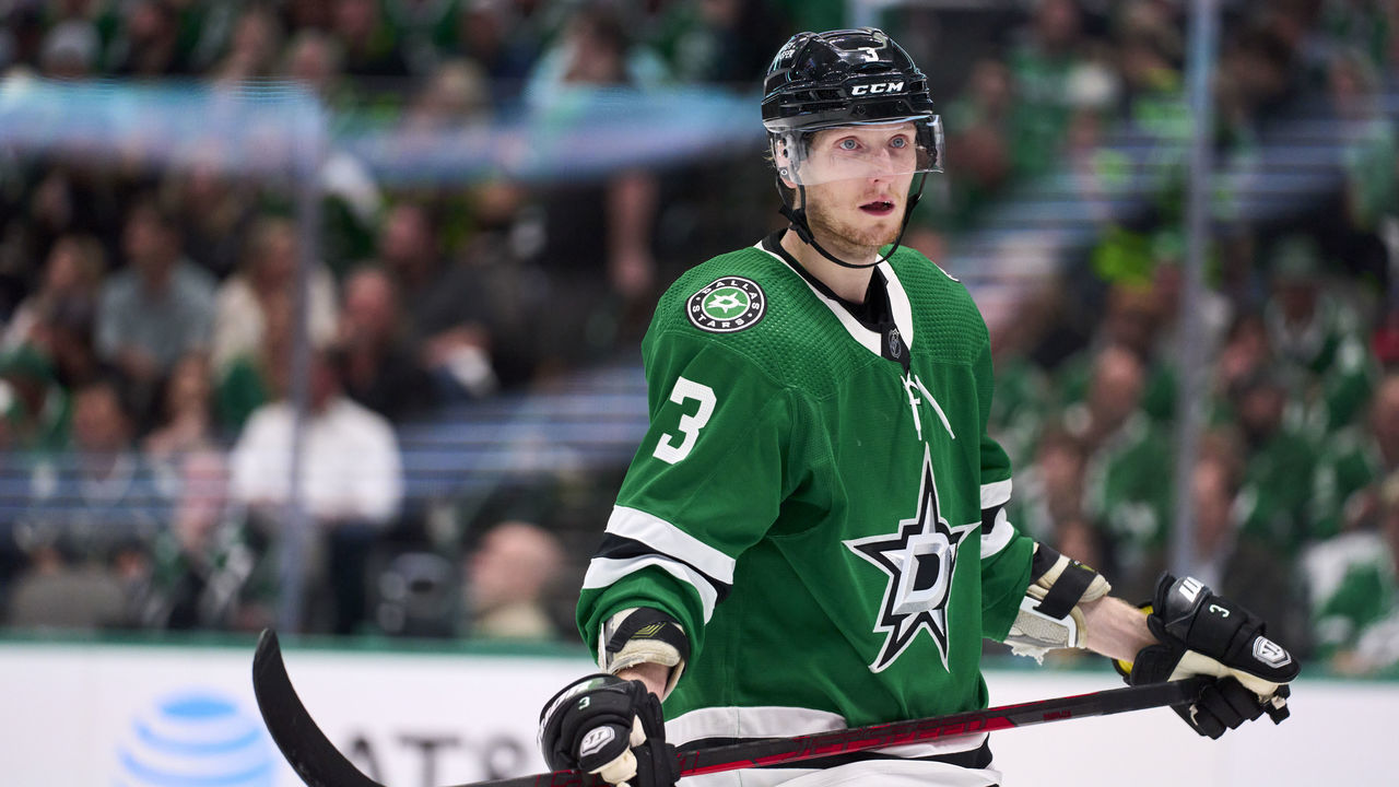 DALLAS, TX - MAY 13: John Klingberg #3 of the Dallas Stars looks on against the Calgary Flames during the second period in Game Six of the First Round of the 2022 Stanley Cup Playoffs at American Airlines Center on May 13, 2022 in Dallas, Texas.