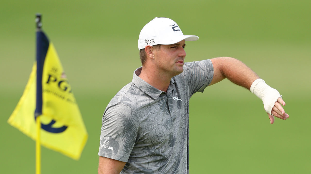 TULSA, OKLAHOMA - MAY 17: Bryson DeChambeau of the United States putts with his wrist wrapped up during a practice round prior to the start of the 2022 PGA Championship at Southern Hills Country Club on May 17, 2022 in Tulsa, Oklahoma.
