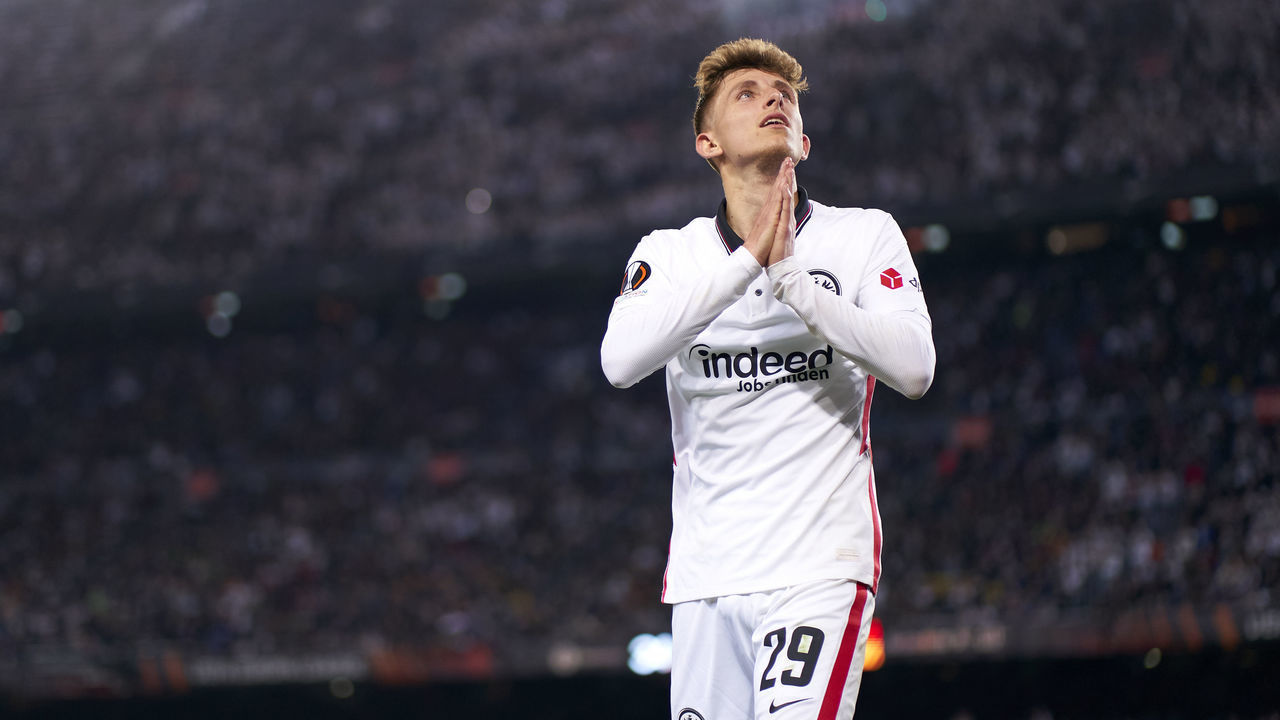 BARCELONA, SPAIN - APRIL 14: Jesper Grænge Lindstrom of Eintracht Frankfurt reacts during the UEFA Europa League Quarter Final Leg Two match between FC Barcelona and Eintracht Frankfurt at Camp Nou on April 14, 2022 in Barcelona, Spain.