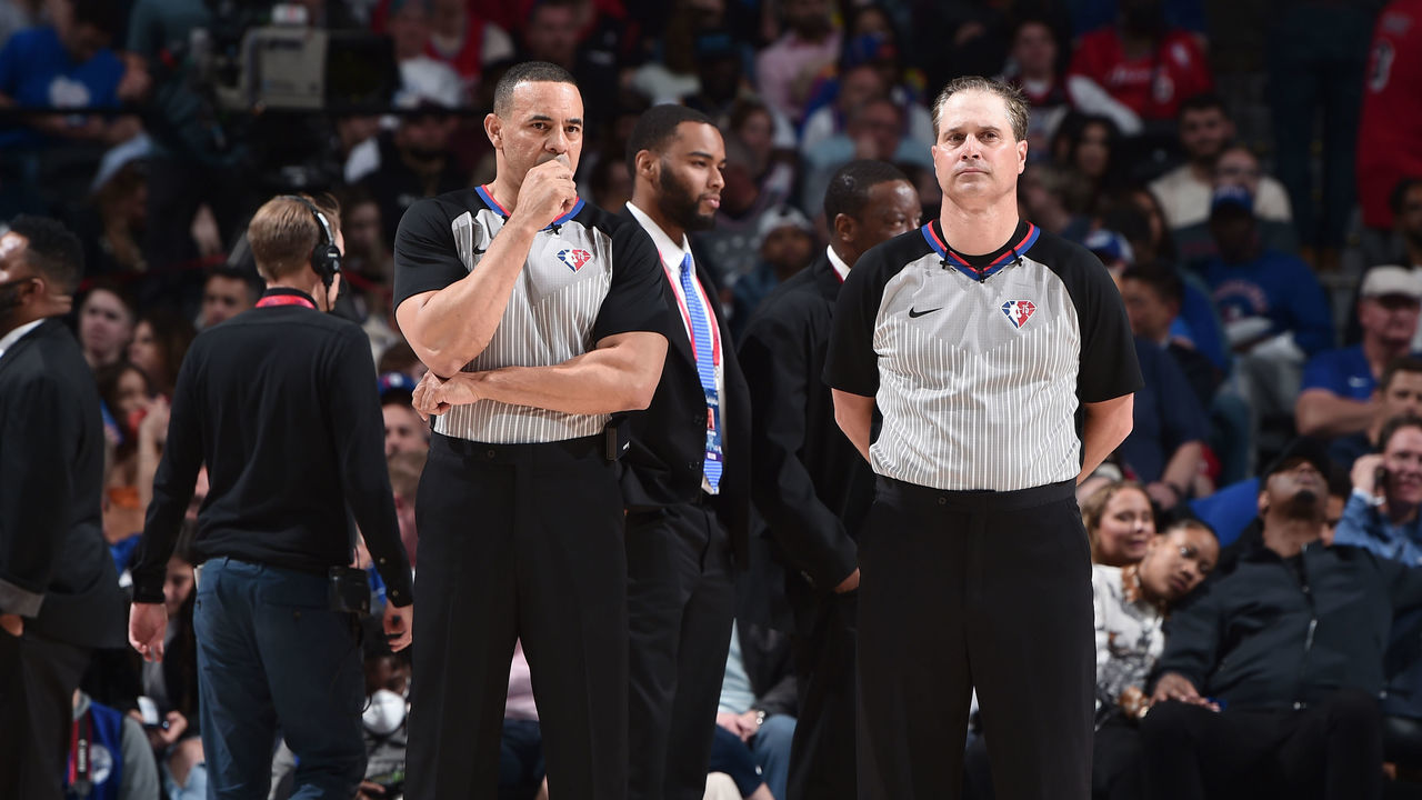 PHILADELPHIA, PA - MAY 12: NBA referees Curtis Blair #74 and David Guthrie #16 look on during Game 6 of the 2022 NBA Playoffs Eastern Conference Semifinals on May 12, 2022 at the Wells Fargo Center in Philadelphia, Pennsylvania NOTE TO USER: User expressly acknowledges and agrees that, by downloading and/or using this Photograph, user is consenting to the terms and conditions of the Getty Images License Agreement. Mandatory Copyright Notice: Copyright 2022 NBAE