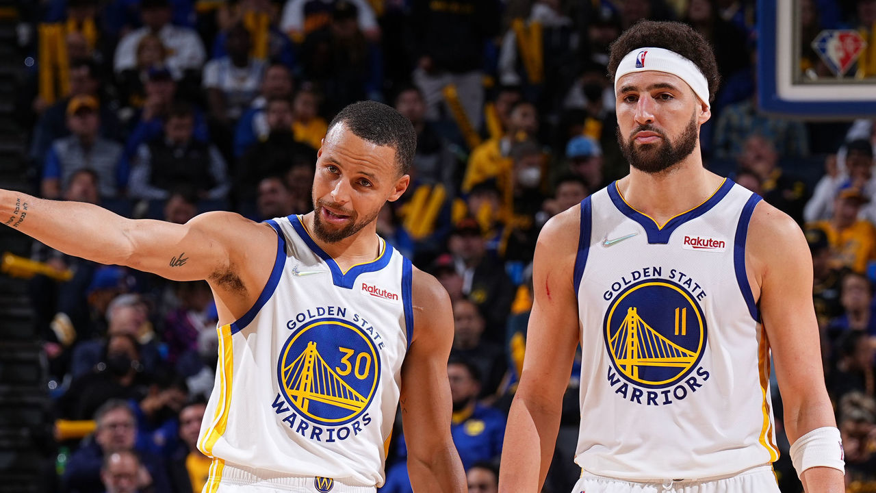 SAN FRANCISCO, CA - APRIL 18: Stephen Curry #30 and Klay Thompson #11 of the Golden State Warriors look on against the Denver Nuggets during Round 1 Game 2 of the 2022 NBA Playoffs on April 18, 2022 at the Chase Center in San Francisco, California. NOTE TO USER: User expressly acknowledges and agrees that, by downloading and/or using this Photograph, user is consenting to the terms and conditions of the Getty Images License Agreement. Mandatory Copyright Notice: Copyright 2022 NBAE