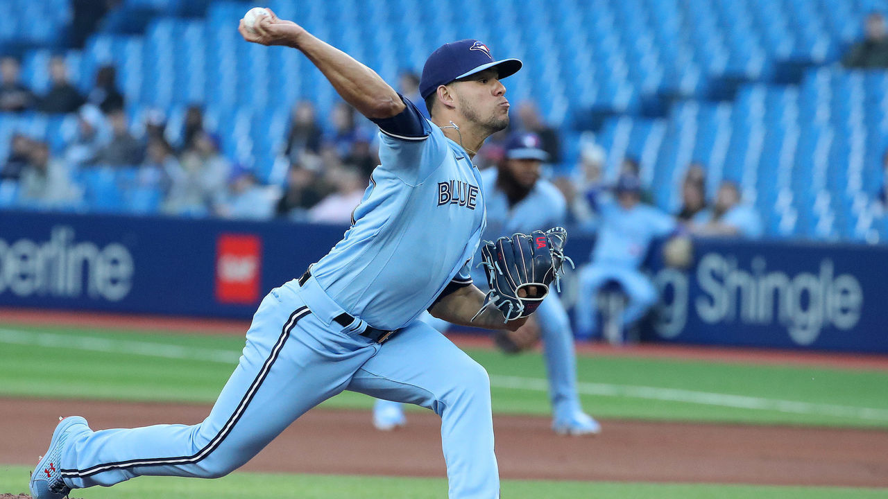 TORONTO, ON- MAY 17 - Toronto Blue Jays starting pitcher Jose Berrios (17) as the Toronto Blue Jays play the Seattle Mariners at Rogers Centre in Toronto. May 17, 2022. (Steve Russell/Toronto Star via Getty Images)
