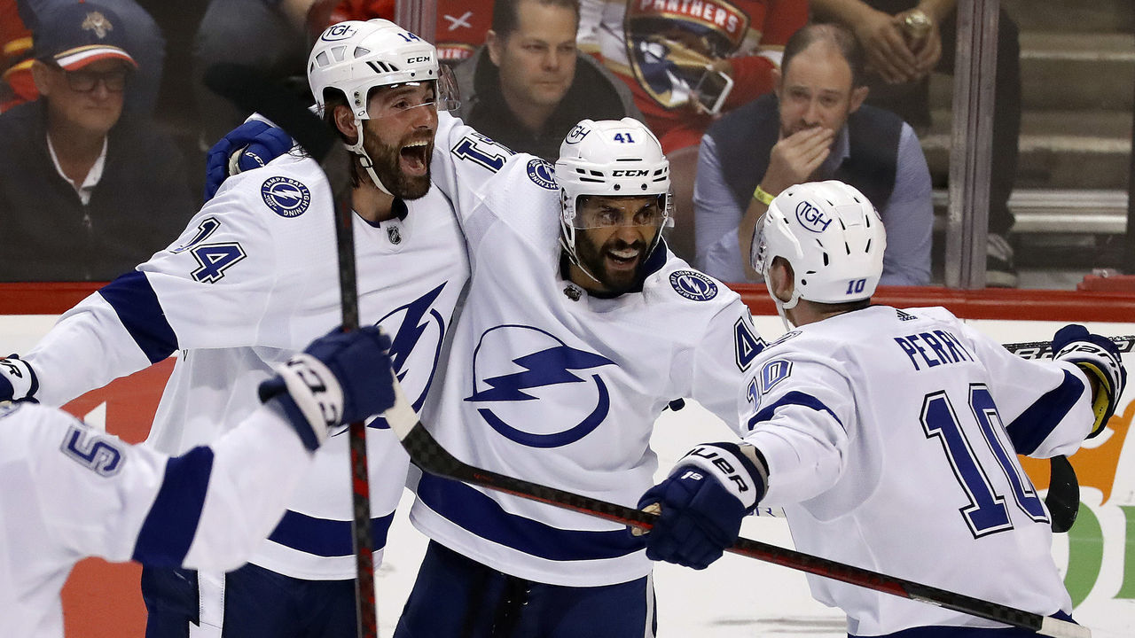 SUNRISE, FL - MAY 17: Pierre-Edouard Bellemare #41 of the Tampa Bay Lightning celebrates his goal with teammates during the third period against the Florida Panthers in Game One of the Second Round of the 2022 Stanley Cup Playoffs at the FLA Live Arena on May 17, 2022 in Sunrise, Florida.
