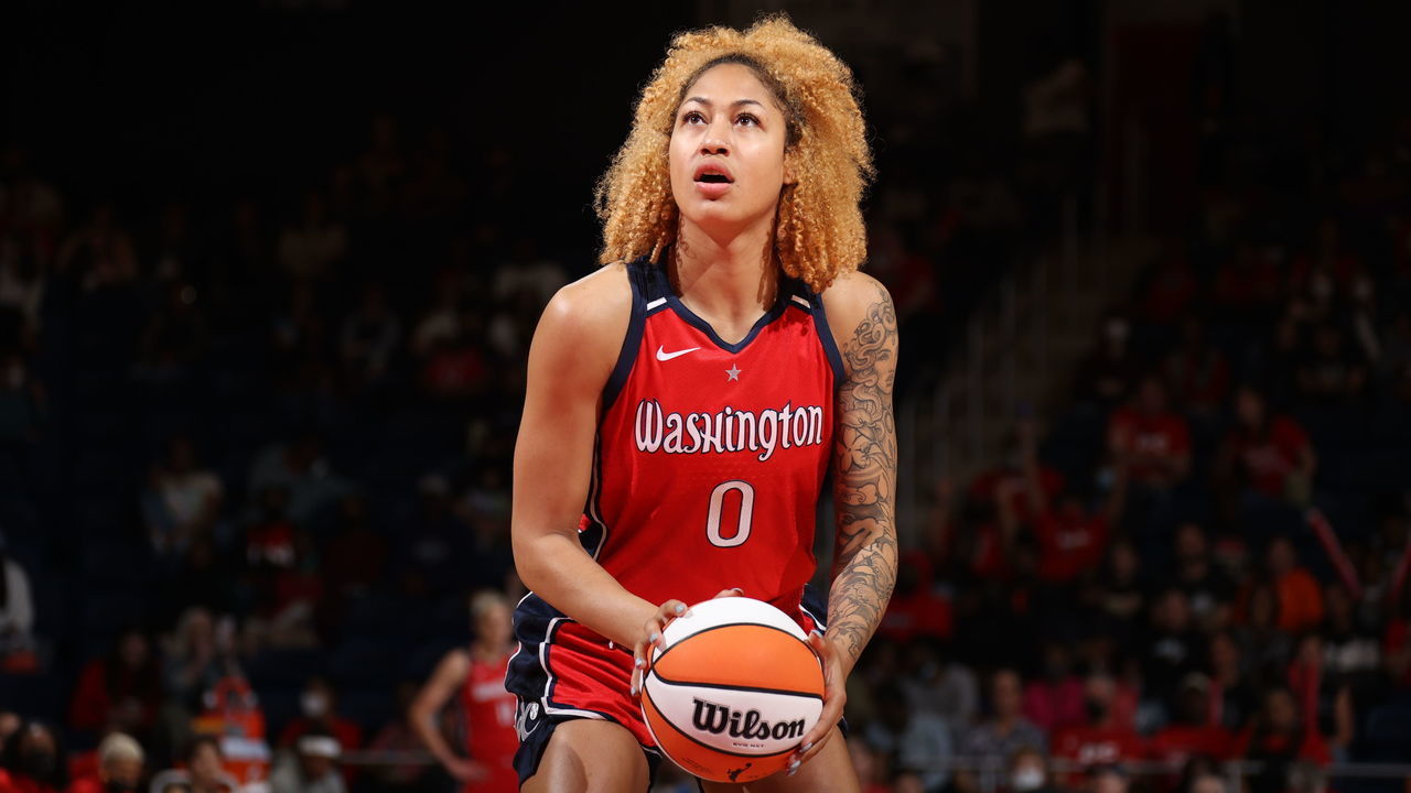 WASHINGTON, DC - MAY 13: Shakira Austin #0 of the Washington Mystics shoots a free throw during the game against the Dallas Wings on May 13, 2022 at Capital One Arena in Washington, DC. Mandatory Copyright Notice: Copyright 2022 NBAE