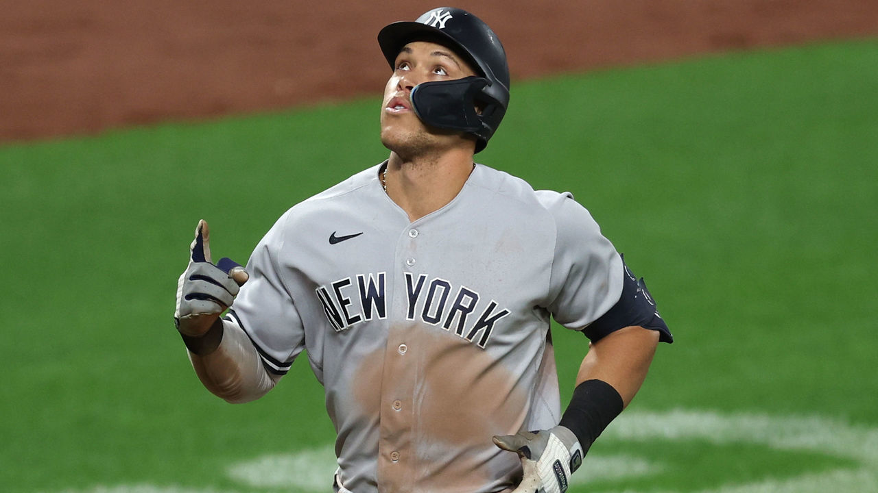 BALTIMORE, MARYLAND - MAY 17: Aaron Judge #99 of the New York Yankees celebrates his home run against the Baltimore Orioles fifth inning at Oriole Park at Camden Yards on May 17, 2022 in Baltimore, Maryland.