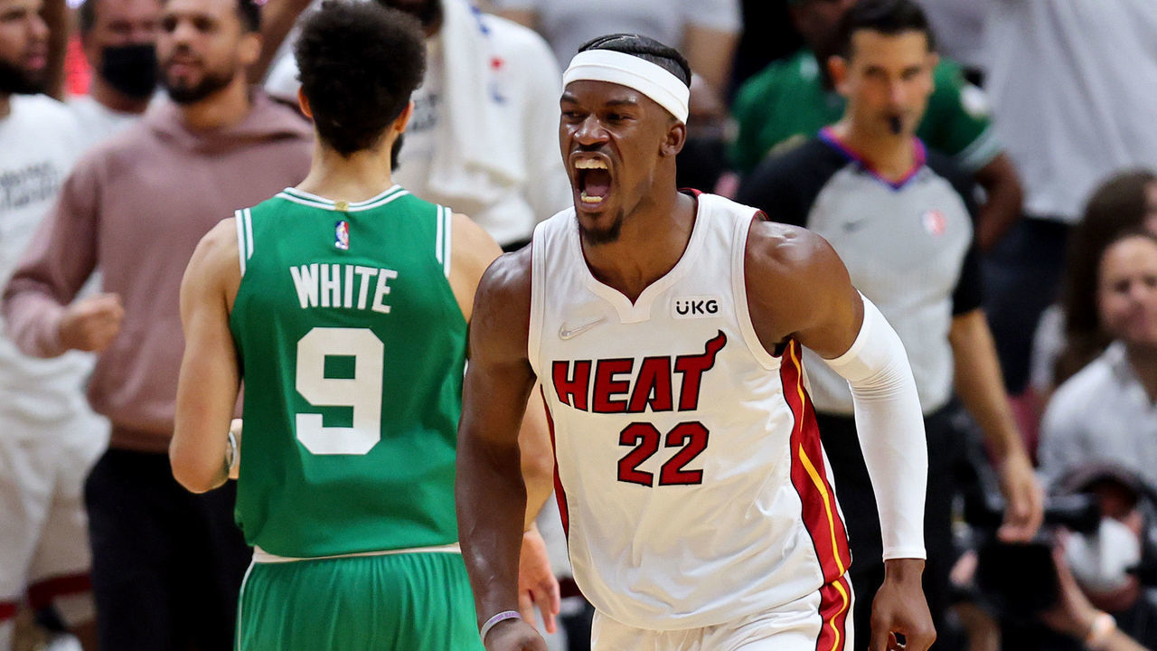 MIAMI, FLORIDA - MAY 17: Jimmy Butler #22 of the Miami Heat celebrates a basket against the Boston Celtics during the third quarter in Game One of the 2022 NBA Playoffs Eastern Conference Finals at FTX Arena on May 17, 2022 in Miami, Florida.