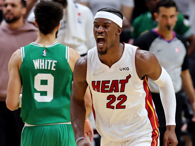 MIAMI, FLORIDA - MAY 17: Jimmy Butler #22 of the Miami Heat celebrates a basket against the Boston Celtics during the third quarter in Game One of the 2022 NBA Playoffs Eastern Conference Finals at FTX Arena on May 17, 2022 in Miami, Florida.