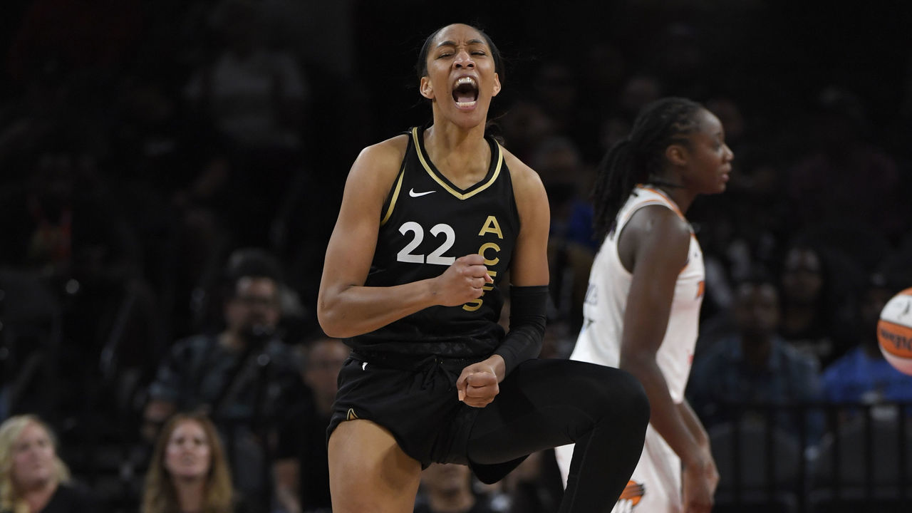 LAS VEGAS, NEVADA - MAY 17: A'ja Wilson #22 of the Las Vegas Aces celebrates during the game against the Phoenix Mercury on May 17, 2022 at Michelob ULTRA Arena in Las Vegas, Nevada. Mandatory Copyright Notice: Copyright 2022 NBAE