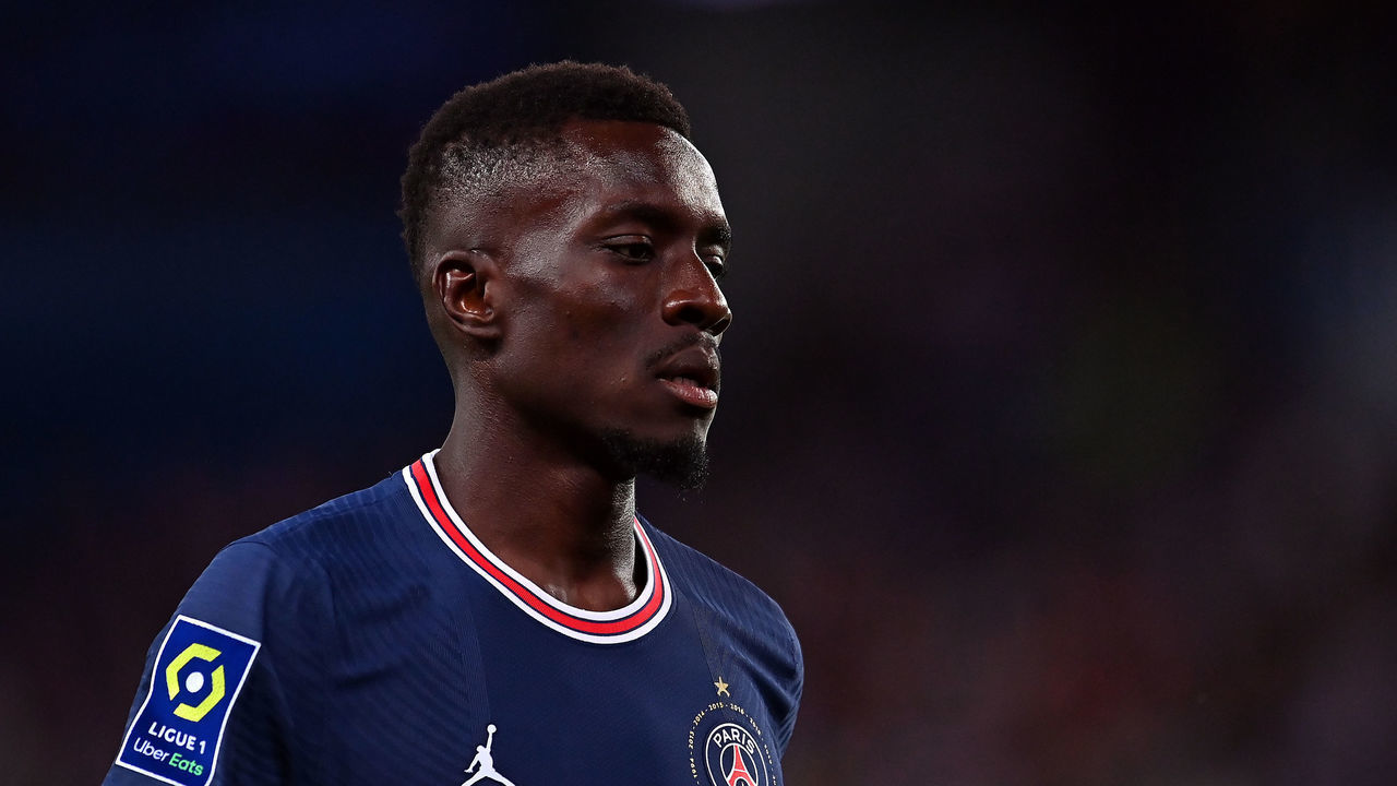 PARIS, FRANCE - MAY 08: Gana Gueye of Paris Saint-Germain looks on during the Ligue 1 Uber Eats match between Paris Saint Germain and ESTAC Troyes at Parc des Princes on May 08, 2022 in Paris, France.