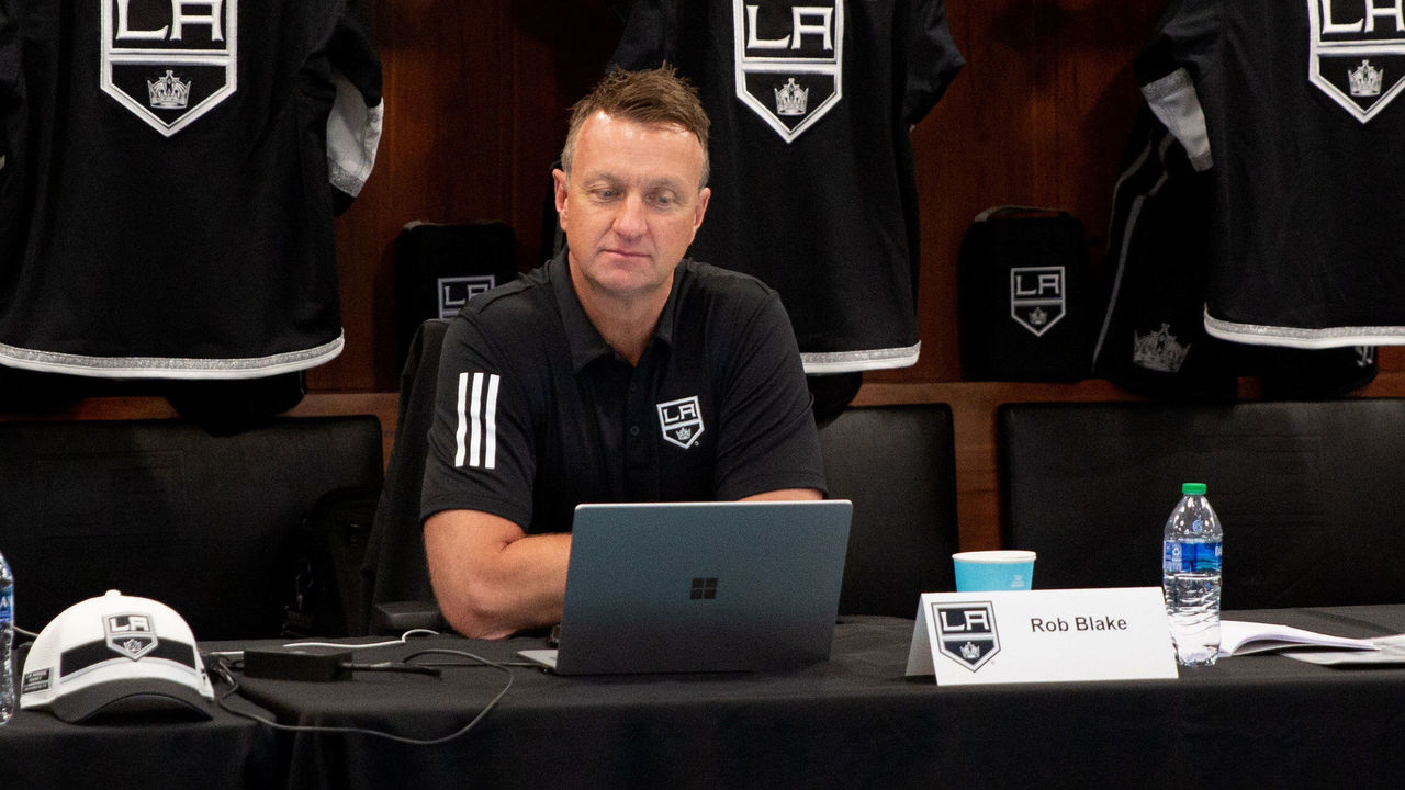 EL SEGUNDO, CALIFORNIA - JULY 23: Vice President and General Manager Rob Blake of the Los Angeles Kings prepares for the first round of the 2021 NHL Entry Draft at Toyota Sports Performance Center on July 23, 2021 in El Segundo, California.