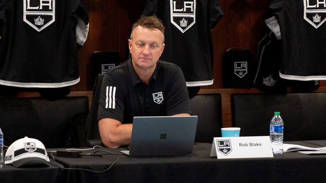 EL SEGUNDO, CALIFORNIA - JULY 23: Vice President and General Manager Rob Blake of the Los Angeles Kings prepares for the first round of the 2021 NHL Entry Draft at Toyota Sports Performance Center on July 23, 2021 in El Segundo, California.