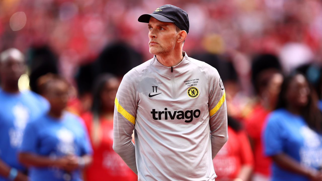 LONDON, ENGLAND - MAY 14: Thomas Tuchel, manager of Chelsea looks on during the national anthem during The FA Cup Final match between Chelsea and Liverpool at Wembley Stadium on May 14, 2022 in London, England.