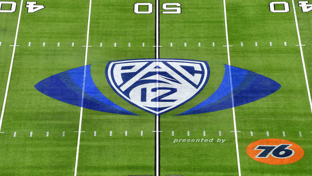 LAS VEGAS, NEVADA - DECEMBER 03: A general view of the PAC-12 logo at midfield before the PAC-12 Football Championship football game between the Oregon Ducks and the Utah Utes at Allegiant Stadium on December 03, 2021 in Las Vegas, Nevada.
