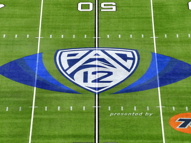LAS VEGAS, NEVADA - DECEMBER 03: A general view of the PAC-12 logo at midfield before the PAC-12 Football Championship football game between the Oregon Ducks and the Utah Utes at Allegiant Stadium on December 03, 2021 in Las Vegas, Nevada.