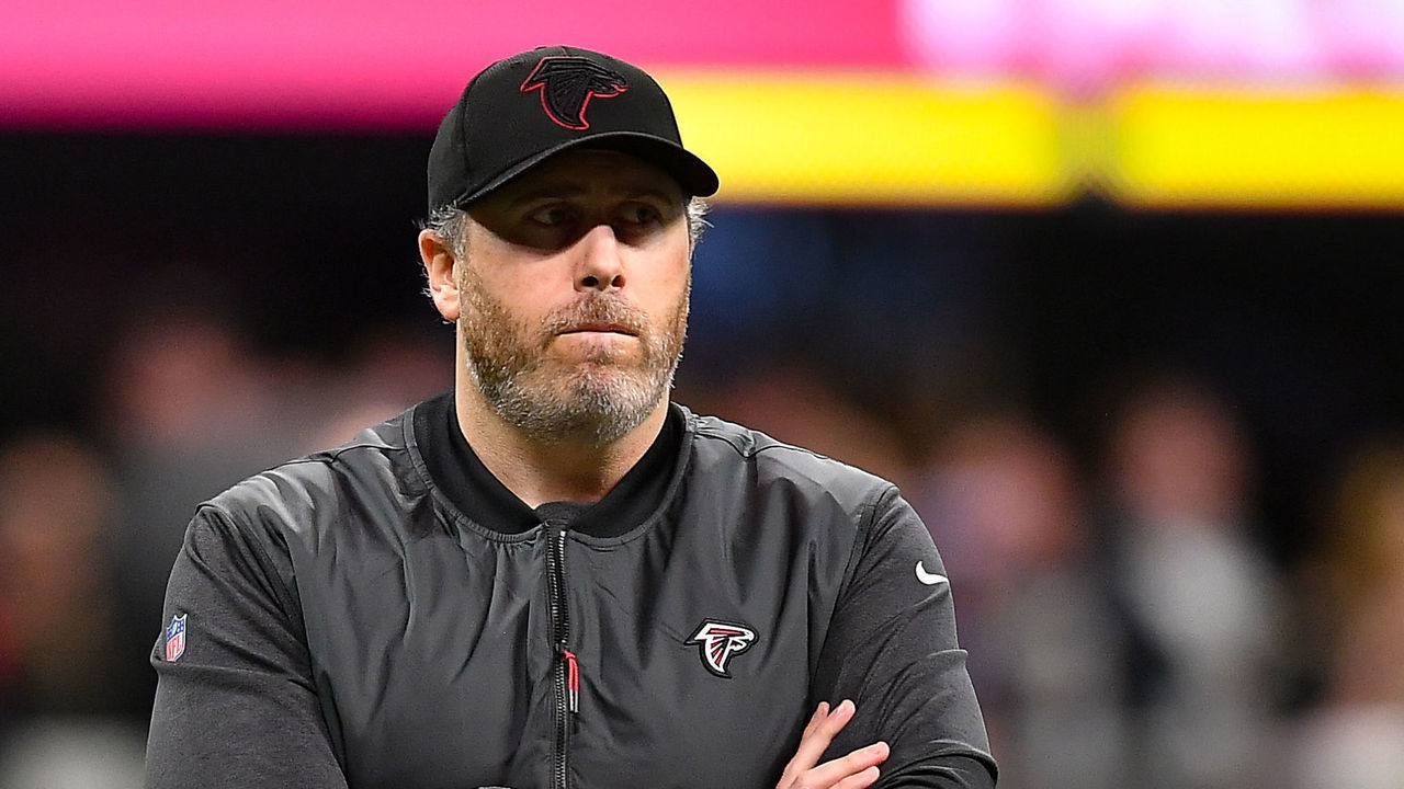 ATLANTA, GA JANUARY 09: Atlanta head coach Arthur Smith watches his team warm up prior to the start of the NFL game between the New Orleans Saints and the Atlanta Falcons on January 9th, 2022 at Mercedes-Benz Stadium in Atlanta, GA.