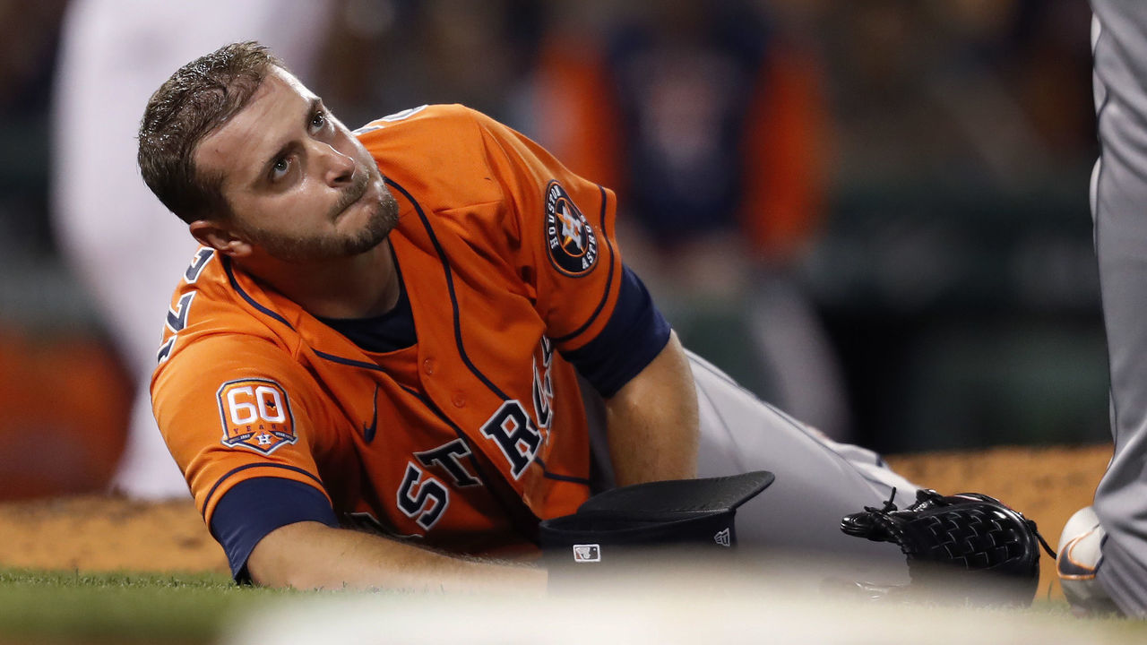 Boston - May 16: Astros pitcher Jake Odorizzi is pictured on the ground after being injured in the bottom of the fifth inning. He would leave on a stretcher. The Red Sox host the Houston Astros in a regular season MLB baseball game at Fenway Park in Boston on May 16, 2022.