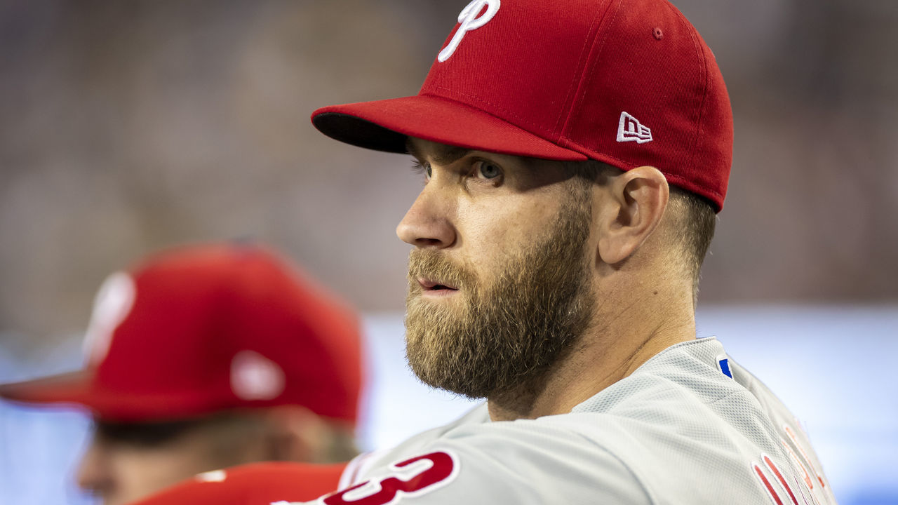 LOS ANGELES, CA - MAY 13: Philadelphia Phillies designated hitter Bryce Harper (3) looks on during a regular season game between the Los Angeles Dodgers and Philadelphia Phillies on May 13, 2022, at Dodger Stadium in Los Angeles, CA.