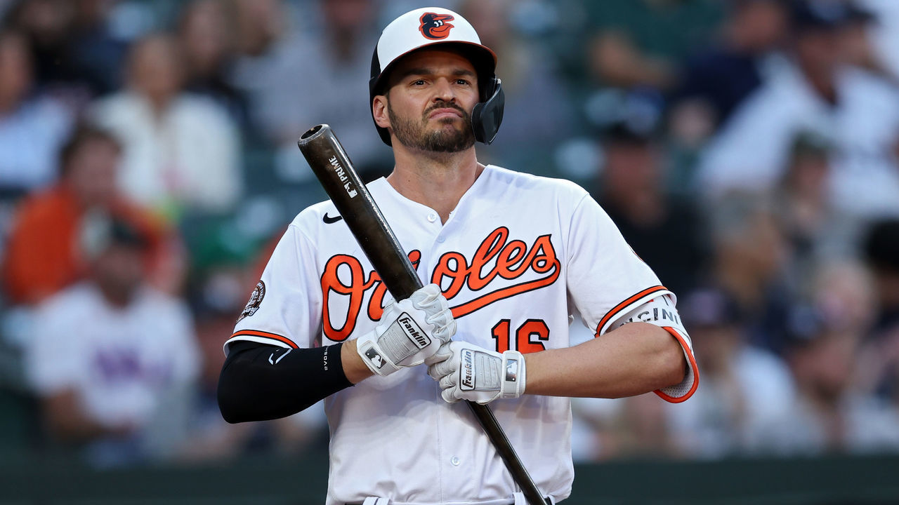 BALTIMORE, MARYLAND - MAY 17: Trey Mancini #16 of the Baltimore Orioles reacts during the second inning against the New York Yankees at Oriole Park at Camden Yards on May 17, 2022 in Baltimore, Maryland.