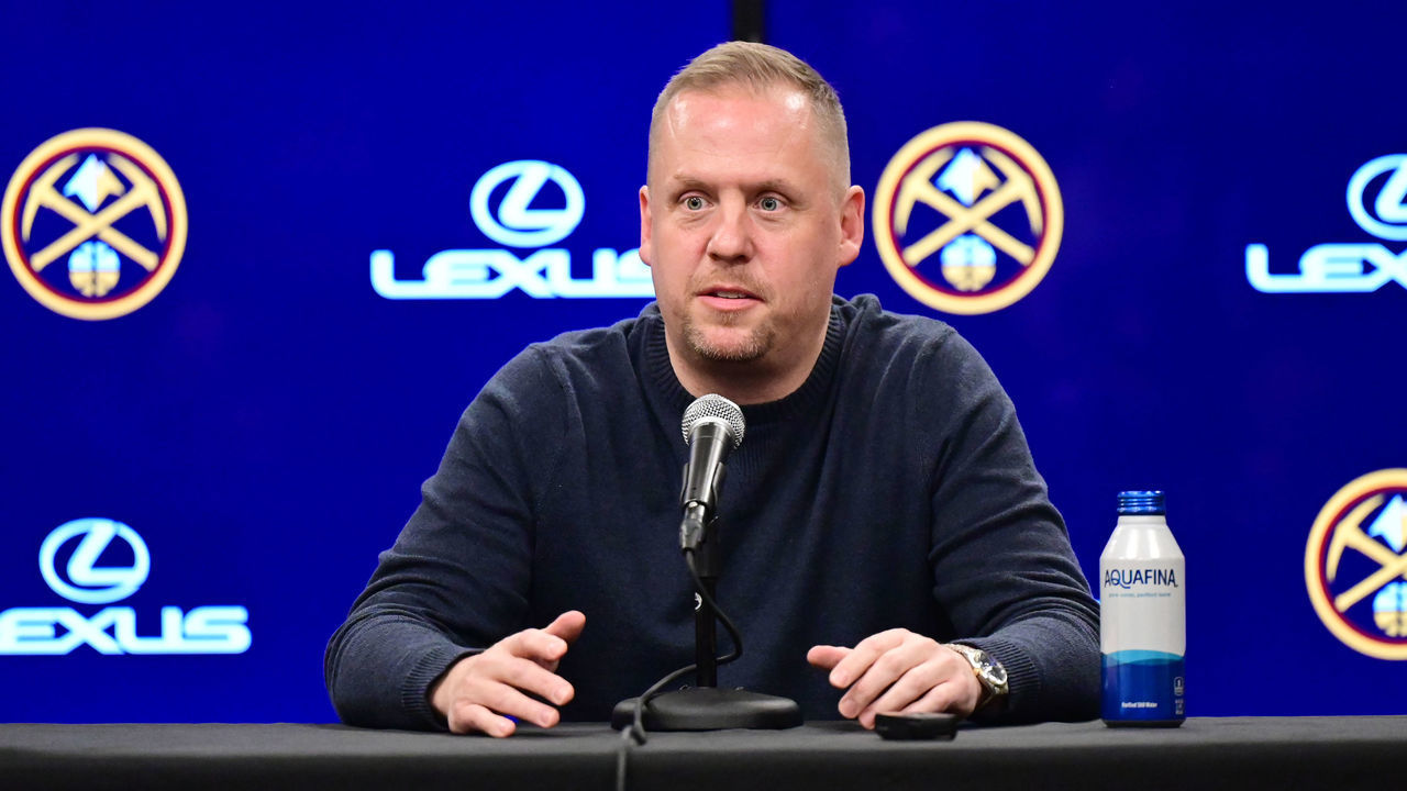 DENVER, CO - APRIL 29 : Tim Connelly, president of basketball operations of the Denver Nuggets, is in the press conference at Ball Arena in Denver, Colorado on Friday, April 29, 2022.
