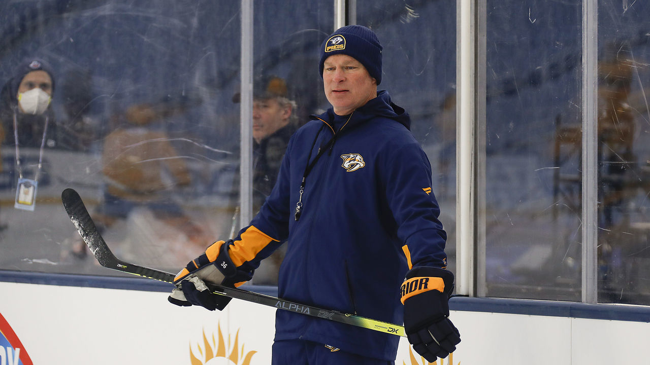 NASHVILLE, TENNESSEE - FEBRUARY 25: Head coach John Hynes of the Nashville Predators coaches during a practice session prior to the 2022 Navy Federal Credit Union NHL Stadium Series at Nissan Stadium on February 25, 2022 in Nashville, Tennessee.