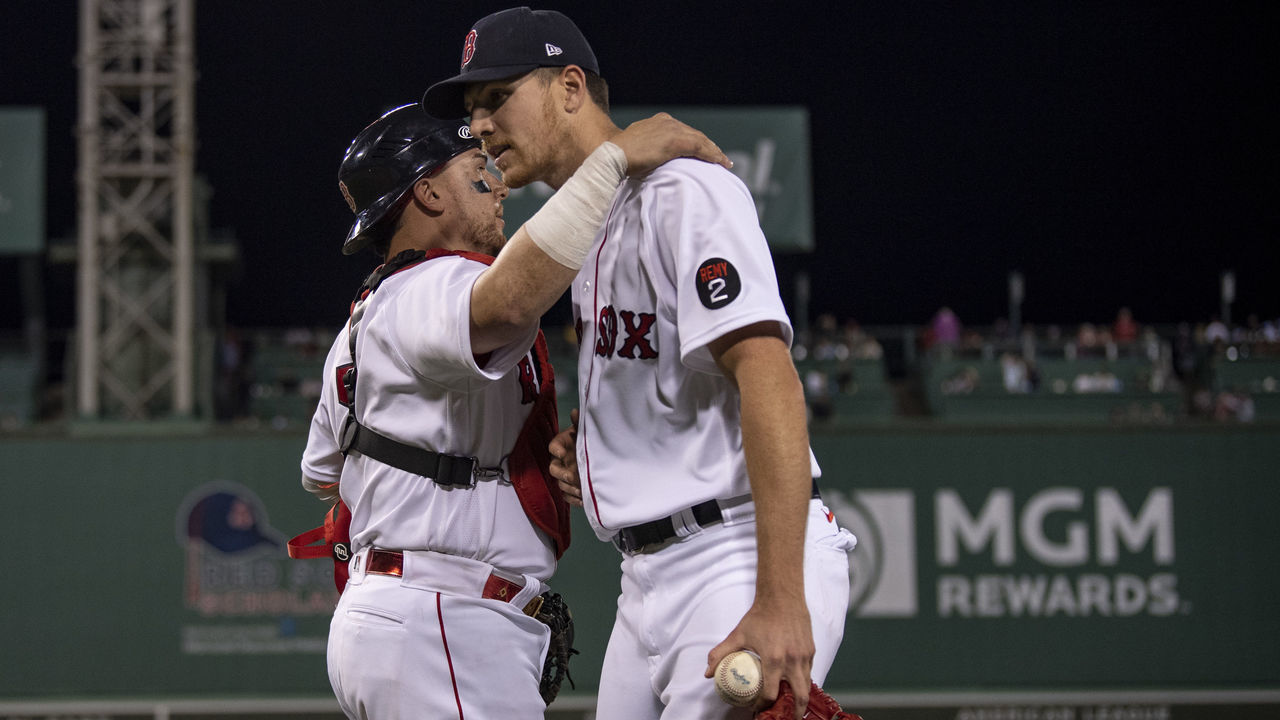 BOSTON, MA - MAY 18: Nick Pivetta #37 of the Boston Red Sox reacts with Christian Vázquez #7 of the Boston Red Sox after pitching a complete game against the Houston Astros on May 18, 2022 at Fenway Park in Boston, Massachusetts.