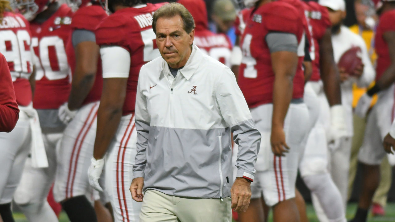 INDIANAPOLIS, IN - JANUARY 10: Alabama Crimson Tide Head Coach Nick Saban before the College Football Playoff National Championship Game between the Alabama Crimson Tide and the Georgia Bulldogs on January 10, 2022, at Lucas Oil Stadium in Indianapolis, IN.