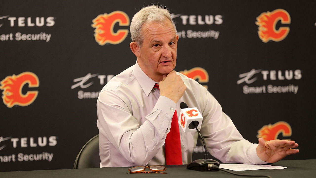 CALGARY, AB - APRIL 23: Darryl Sutter head coach of the Calgary Flames speaks to the media after the game against the Vancouver Canucks at Scotiabank Saddledome on April 23, 2022 in Calgary, Alberta, Canada.