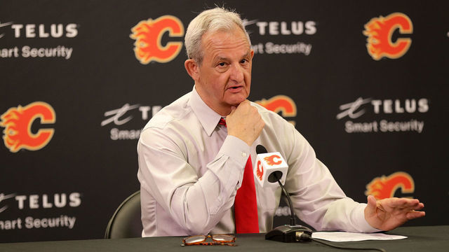 CALGARY, AB - APRIL 23: Darryl Sutter head coach of the Calgary Flames speaks to the media after the game against the Vancouver Canucks at Scotiabank Saddledome on April 23, 2022 in Calgary, Alberta, Canada.