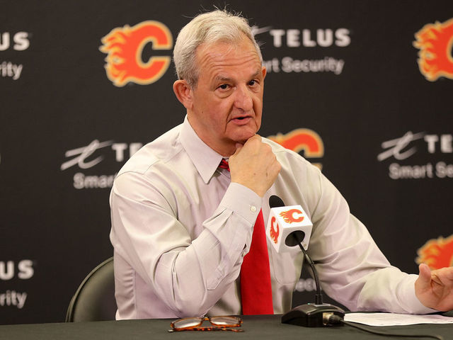 CALGARY, AB - APRIL 23: Darryl Sutter head coach of the Calgary Flames speaks to the media after the game against the Vancouver Canucks at Scotiabank Saddledome on April 23, 2022 in Calgary, Alberta, Canada.