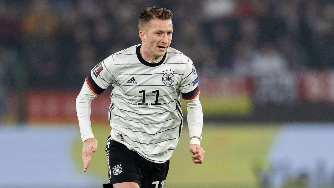 WOLFSBURG, GERMANY - NOVEMBER 11: Marco Reus of Germany runs with the ball during the 2022 FIFA World Cup Qualifier match between Germany and Liechtenstein at Volkswagen Arena on November 11, 2021 in Wolfsburg, Lower Saxony.