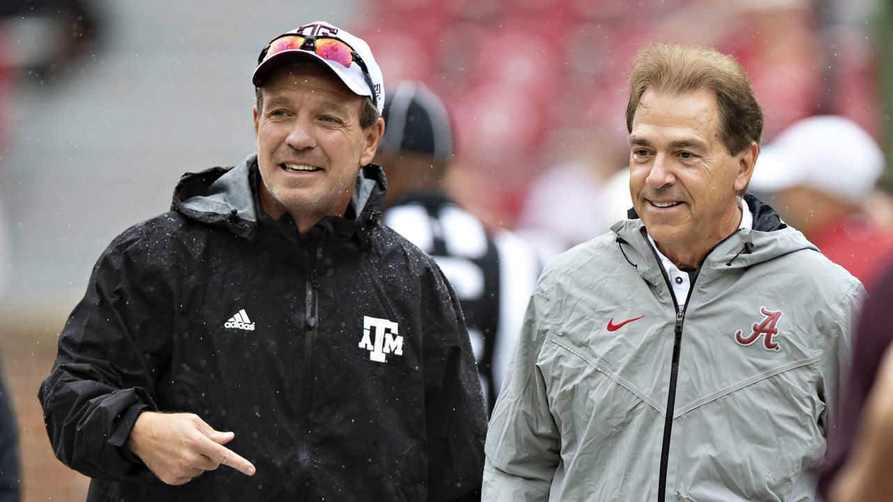 TUSCALOOSA, AL - SEPTEMBER 22: Head Coach Jimbo Fisher of the Texas A&M Aggies talks at midfield with Head Coach Nick Saban of the Alabama Crimson Tide at Bryant-Denny Stadium on September 22, 2018 in Tuscaloosa, Alabama. The Crimson Tide defeated the Aggies 45-23.