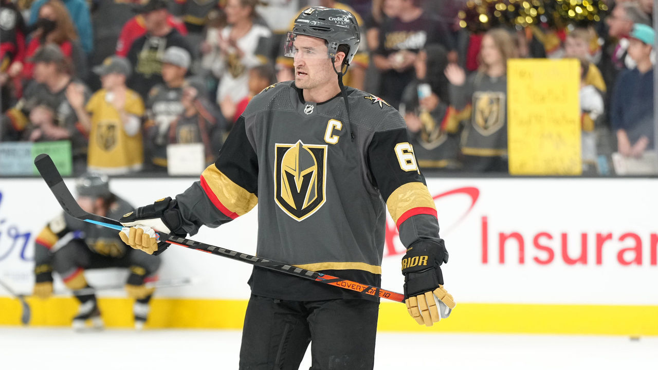 LAS VEGAS, NEVADA - APRIL 24: Mark Stone #61 of the Vegas Golden Knights warms up prior to a game against the San Jose Sharks at T-Mobile Arena on April 24, 2022 in Las Vegas, Nevada.
