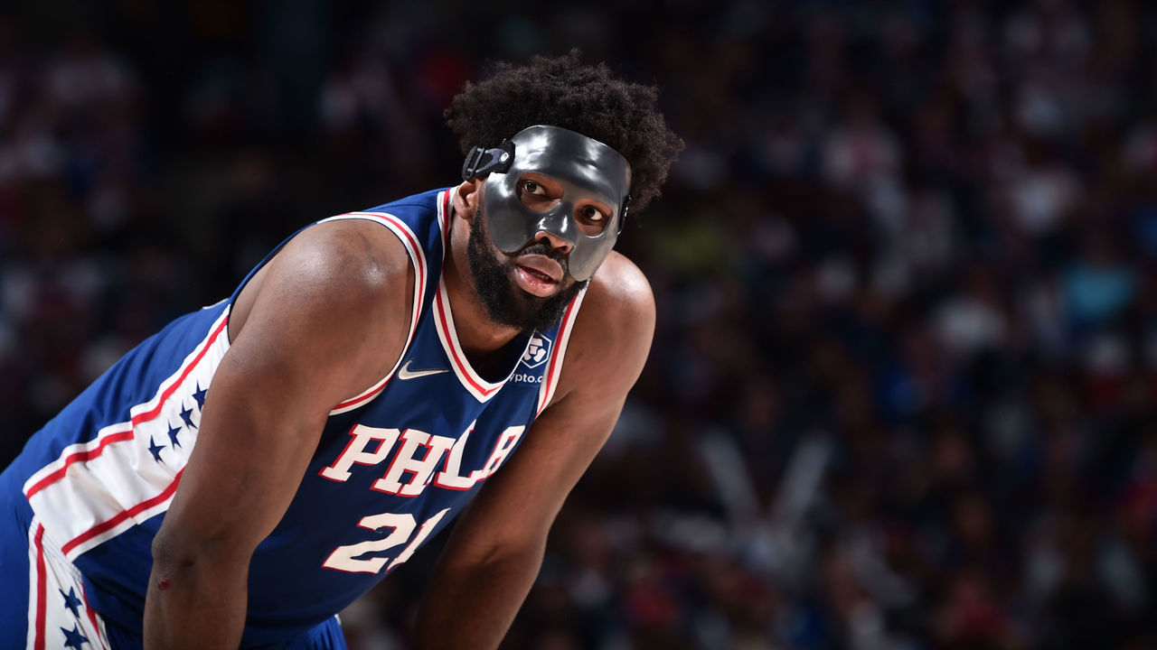 PHILADELPHIA, PA - MAY 12: Joel Embiid #21 of the Philadelphia 76ers looks on during Game 6 of the 2022 NBA Playoffs Eastern Conference Semifinals on May 12, 2022 at the Wells Fargo Center in Philadelphia, Pennsylvania NOTE TO USER: User expressly acknowledges and agrees that, by downloading and/or using this Photograph, user is consenting to the terms and conditions of the Getty Images License Agreement. Mandatory Copyright Notice: Copyright 2022 NBAE