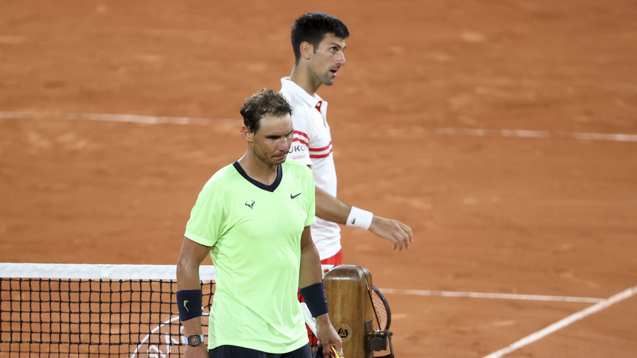 PARIS, FRANCE - JUNE 11: Novak Djokovic of Serbia salutes Rafael Nadal of Spain after his semi-final victory during day 13 of the French Open 2021, Roland-Garros 2021, Grand Slam tennis tournament at Roland Garros stadium on June 11, 2021 in Paris, France.