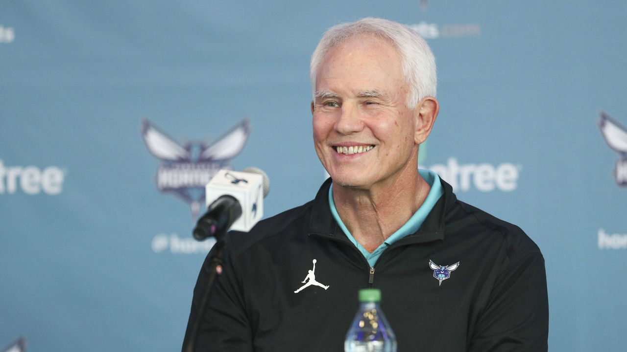 CHARLOTTE, NC - JULY 30: President of Basketball Operations and General Manager Mitch Kupchak of the Charlotte Hornets talks to the media during the press conference on July 30, 2021 at Spectrum Center in Charlotte, North Carolina. Mandatory Copyright Notice: Copyright 2021NBAE