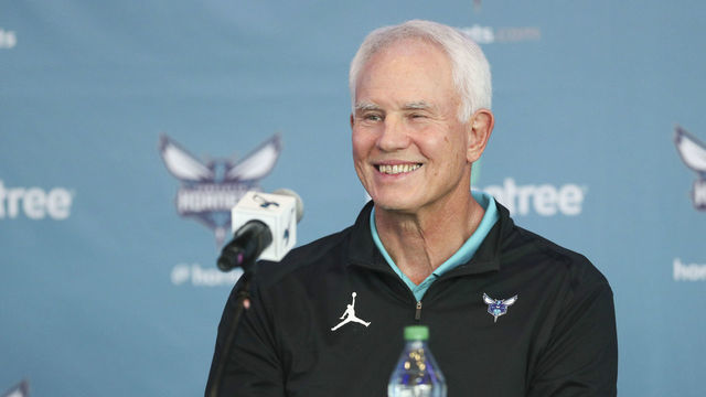 CHARLOTTE, NC - JULY 30: President of Basketball Operations and General Manager Mitch Kupchak of the Charlotte Hornets talks to the media during the press conference on July 30, 2021 at Spectrum Center in Charlotte, North Carolina. Mandatory Copyright Notice: Copyright 2021NBAE