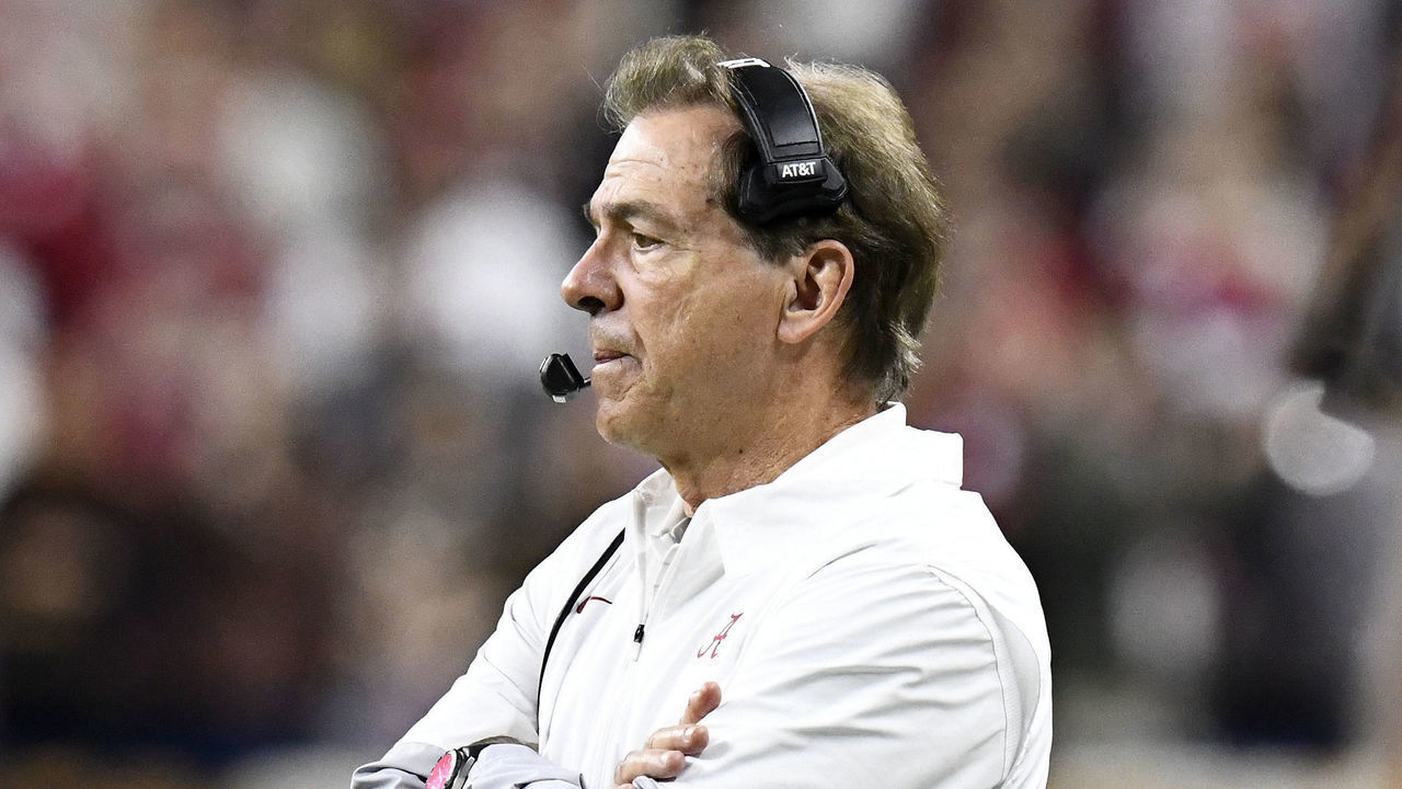 INDIANAPOLIS, IN - JANUARY 10: Alabama Crimson Tide head coach Nick Saban looks on during the Alabama Crimson Tide versus the Georgia Bulldogs in the College Football Playoff National Championship, on January 10, 2022, at Lucas Oil Stadium in Indianapolis, IN.