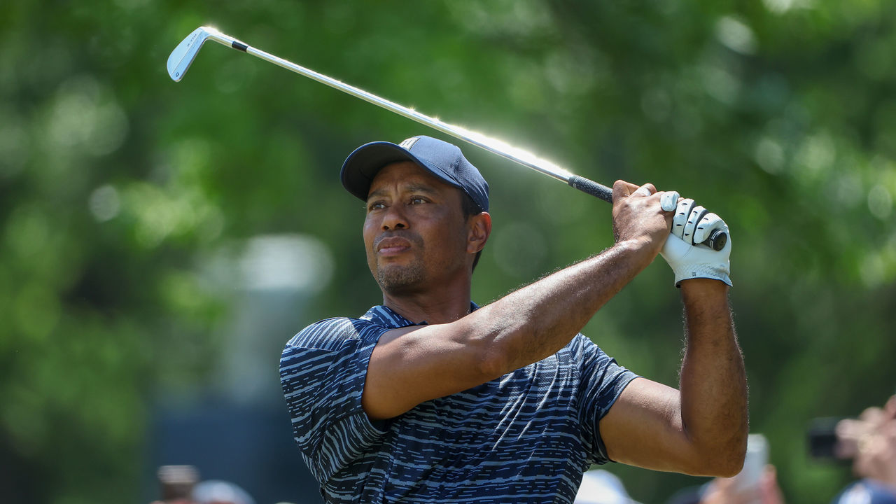 TULSA, OKLAHOMA - MAY 19: Tiger Woods of the United States plays his shot from the sixth tee during the first round of the 2022 PGA Championship at Southern Hills Country Club on May 19, 2022 in Tulsa, Oklahoma.